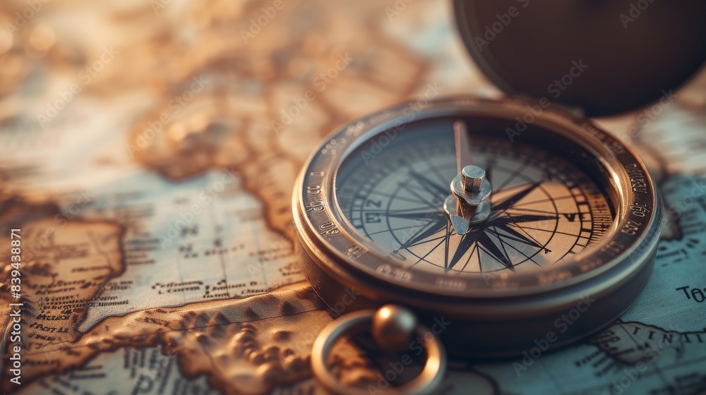 Compass on a map, representing navigation and the spirit of travel Compass on a map, representing navigation and the spirit of travel