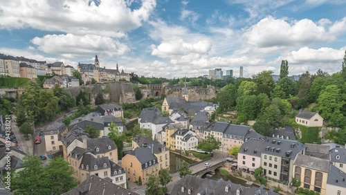 Grand Duchy of Luxembourg time lapse city skyline at Grund along Alzette river in the historical old town photo