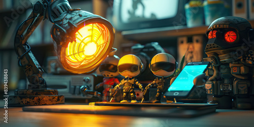 The Flickering Eyes of Cyberpunk: A futuristic desk lamp, casting a cybernetic glow on a row of worn-down action figures and a retro-designed smartphone.