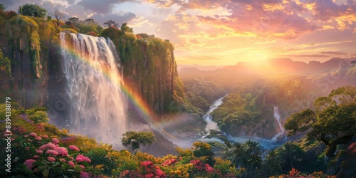 Rainbow and waterfall scene in a peaceful view