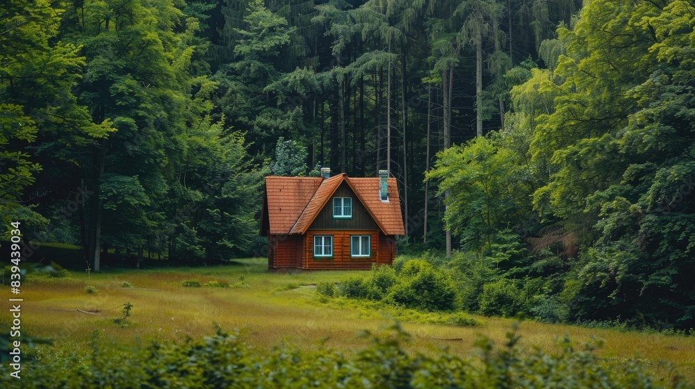 Fototapeta premium A Woodland Retreat: A Cozy Cabin Nestled in the Green Embrace of a Lush Forest