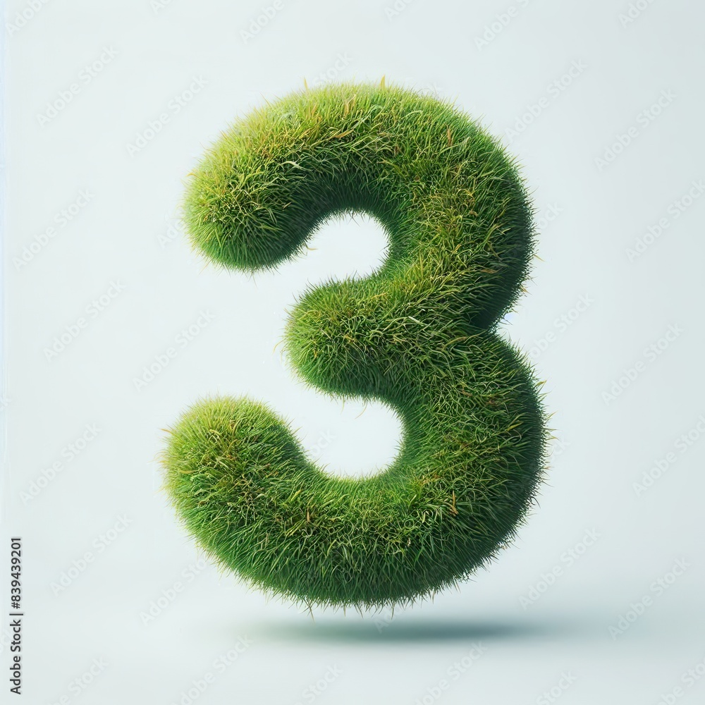 Number 3 made out of green grass, white background Number 3 made out of green grass, white background