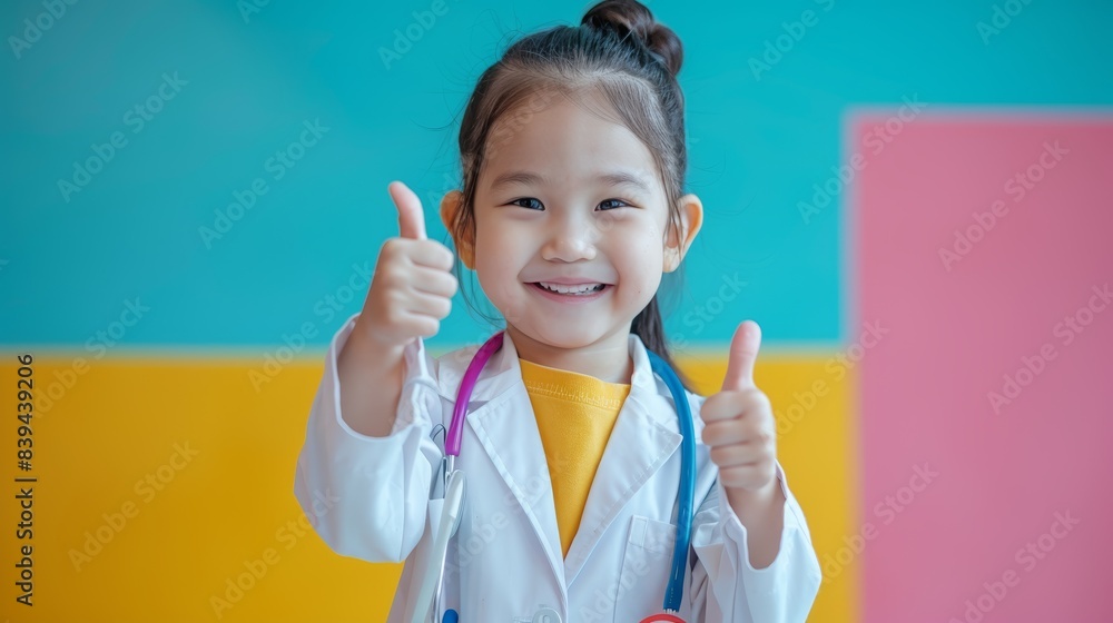 Cheerful little girl dressed as a doctor, giving thumbs up in front of colorful background, representing healthcare and positivity. Cheerful little girl dressed as a doctor, giving thumbs up in front of colorful background, representing healthcare and positivity.