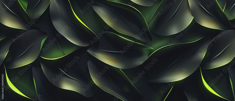 Futuristic Dark Green Leaf-like Pattern with Illuminated Edges 3D Abstract Background Futuristic Dark Green Leaf-like Pattern with Illuminated Edges 3D Abstract Background