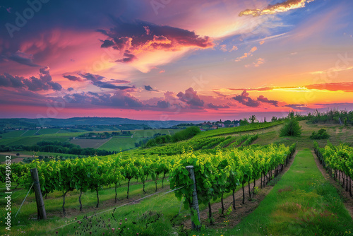 Wallpaper Mural Vineyard Sunset Serene Panorama Sky., Harvest time, a stage in the wine-making process, les vendanges, grape harvesting, a seasonal job. Torontodigital.ca