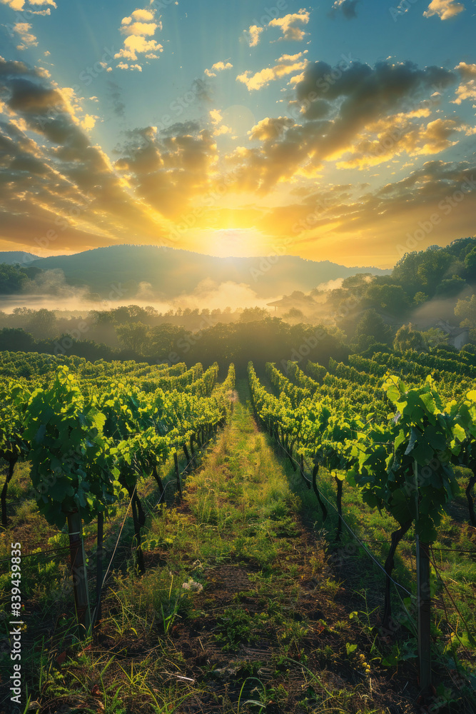 Naklejka premium Peaceful Sunrise Over Misty Vineyard, Harvest time, a stage in the wine-making process, les vendanges, grape harvesting, a seasonal job.