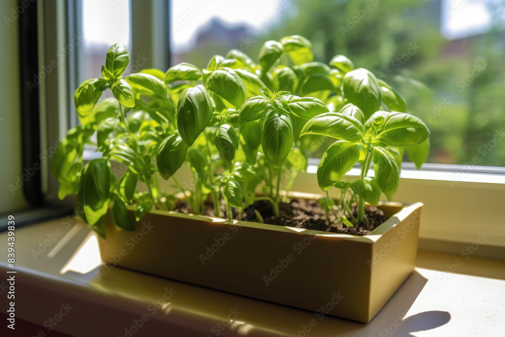 generated illustration of fresh basil herb plant growing in a pot on a kitchen windowsill generated illustration of fresh basil herb plant growing in a pot on a kitchen windowsill