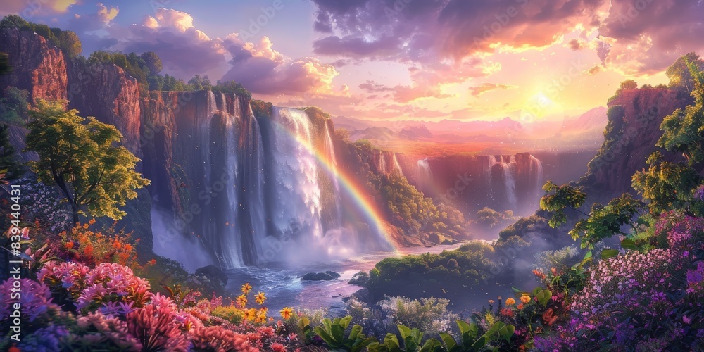 Rainbow and waterfall scene in a peaceful environment