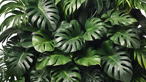 Wallpaper Mural Abstract foliage and botanical background. Green tropical forest wallpaper of monstera leaves, palm leaf, branches in hand drawn pattern. Exotic plants background for banner. Generative AI Torontodigital.ca