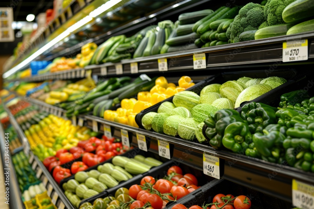 Fresh Produce Aisle in a Supermarket Filled with Brightly Labeled Vegetables and Bottled Drinks