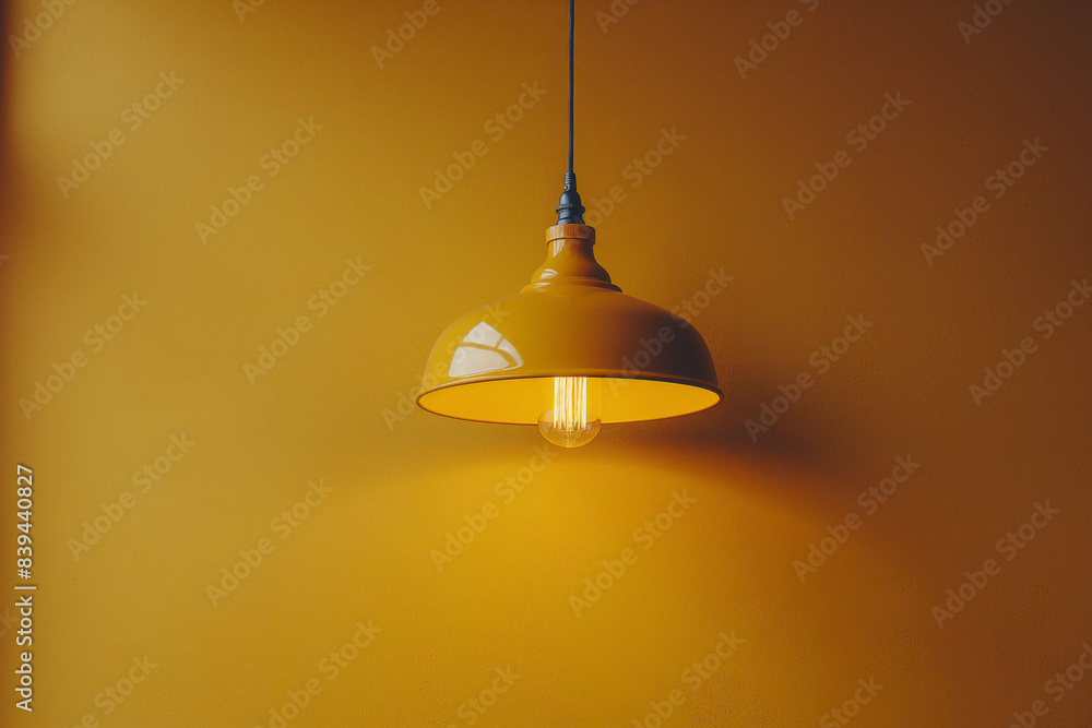 A lamp hangs on a yellow wall and illuminates it, space for text or presentation. Generative AI A lamp hangs on a yellow wall and illuminates it, space for text or presentation. Generative AI