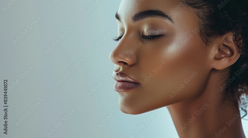 Fototapeta premium Serene Woman with Sunlight Reflections on Face - Artistic and Tranquil Stock Photo for Beauty and Relaxation Themes