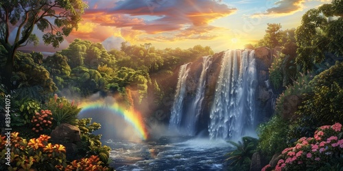 Rainbow and waterfall scene in a serene atmosphere