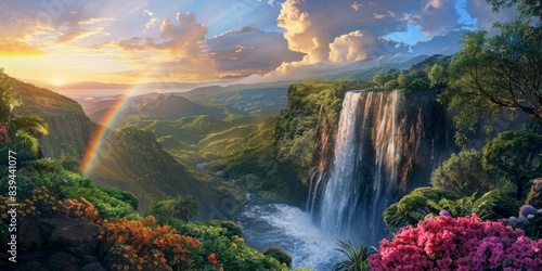 Rainbow and waterfall scene in a tranquil atmosphere