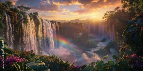 Rainbow and waterfall scene in a peaceful time
