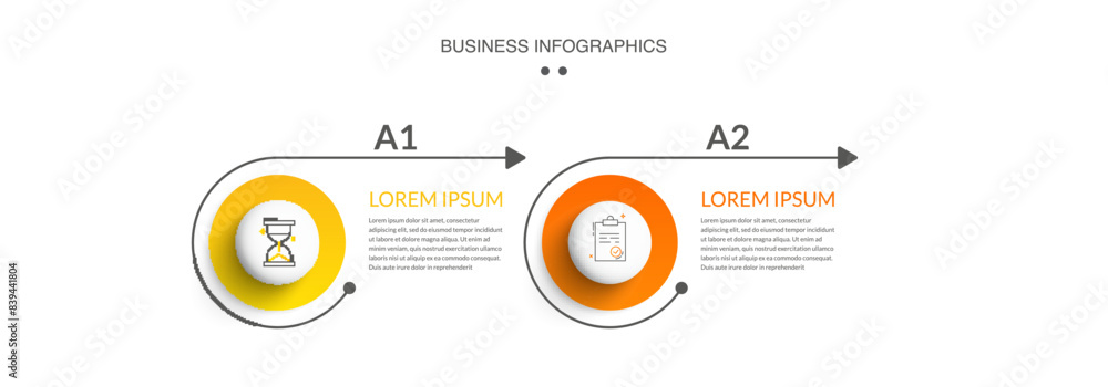 Business vector infographics with two circles and arrows. Timeline visualization with 2 steps for diagram, flowchart, banner, presentations, web, content, levels, chart, graphic Business vector infographics with two circles and arrows. Timeline visualization with 2 steps for diagram, flowchart, banner, presentations, web, content, levels, chart, graphic