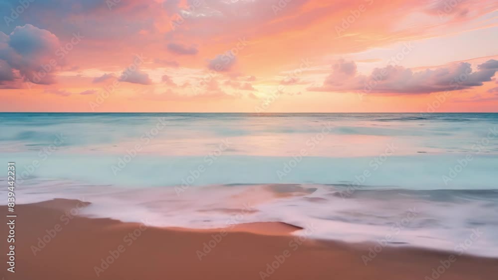 Beautiful Sunset Over Calm Ocean Waves and Sandy Beach with a Serene and Idyllic Atmosphere Beautiful Sunset Over Calm Ocean Waves and Sandy Beach with a Serene and Idyllic Atmosphere