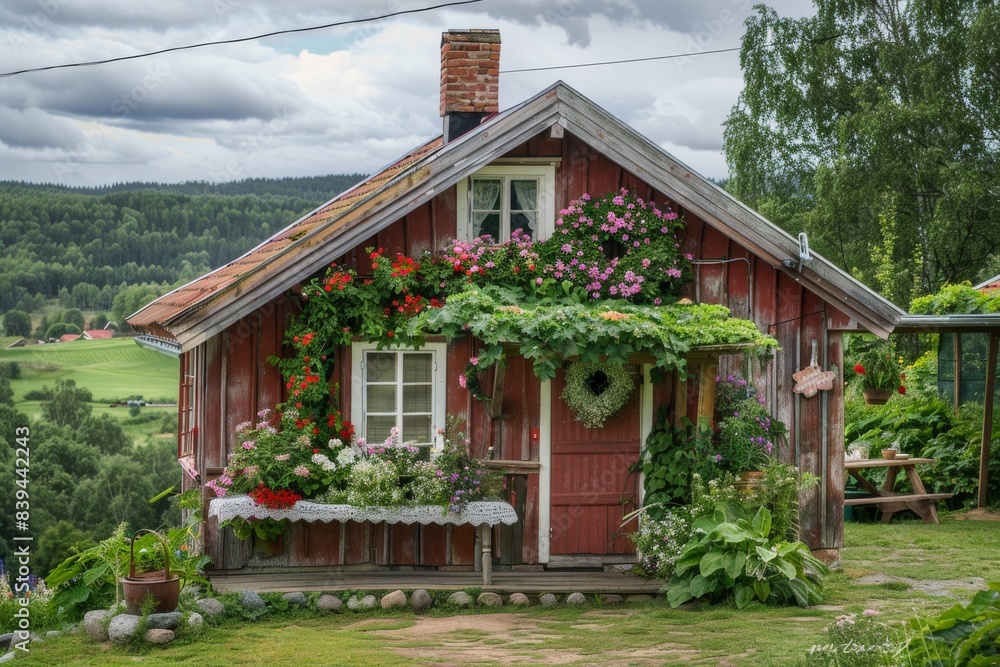 Experience the charm of traditional Swedish Midsummer in a rustic wooden cottage nestled in green hills adorned with colorful flower garlands and wreaths. Experience the charm of traditional Swedish Midsummer in a rustic wooden cottage nestled in green hills adorned with colorful flower garlands and wreaths.