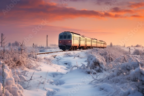 Tranquil Train winter field. Road forest rail. Generate Ai