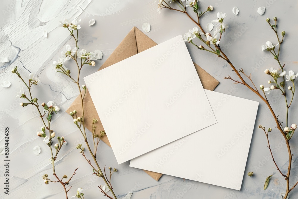 flat lay mockup of two blank white paper cards on beige table with kraft envelope and dry flowers, aesthetic background. mockup template for wedding invitation or business presentation design. flat lay mockup of two blank white paper cards on beige table with kraft envelope and dry flowers, aesthetic background. mockup template for wedding invitation or business presentation design.