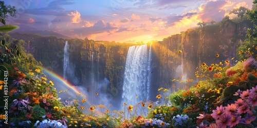 Rainbow and waterfall scene in a tranquil nature