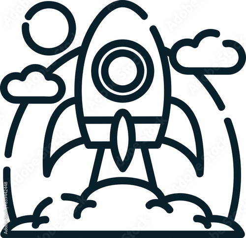 Launchpad lift-off, hand-drawn startup icon.