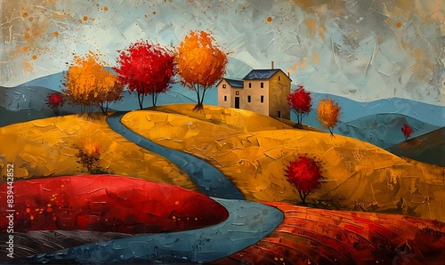 house hill winding road happy color red orange yellow leaves highly conceptual figurative hillside photo