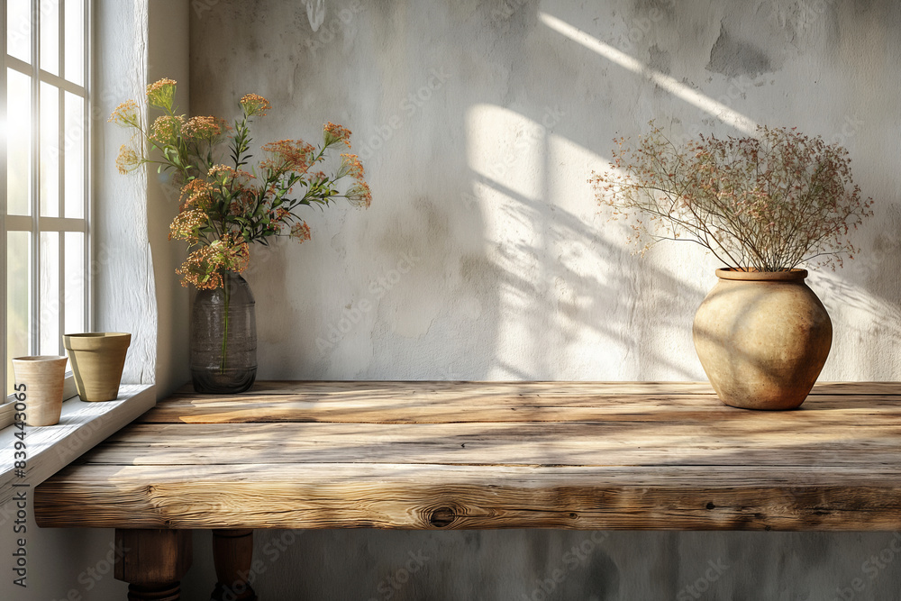 A brown and empty wooden table in front of a white wall. Generative AI A brown and empty wooden table in front of a white wall. Generative AI