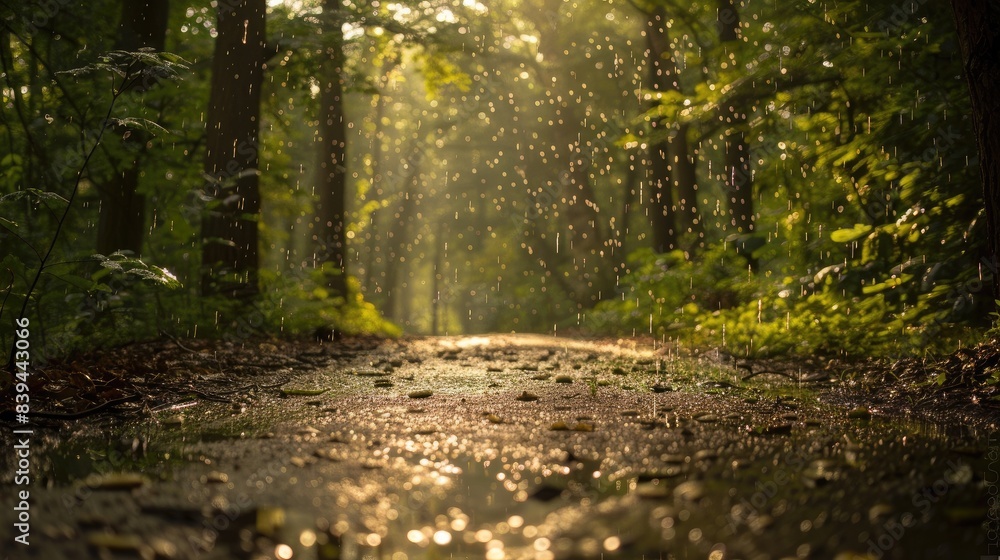 Obraz premium A Sun-Dappled Forest Path After Rain