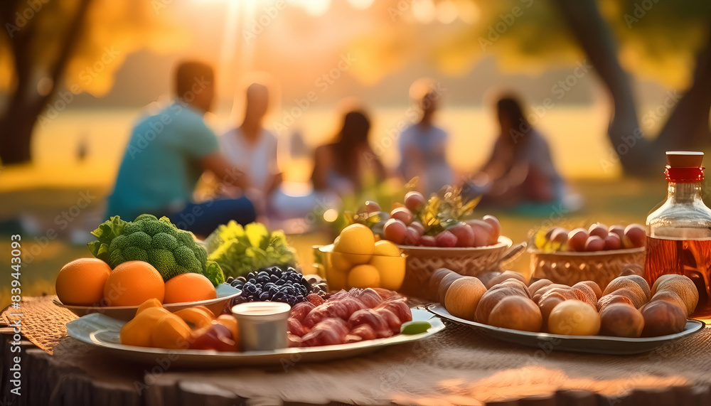 A vibrant outdoor picnic scene with fresh fruits and snacks laid out on a wooden table, with a group enjoying in the background at sunset. A vibrant outdoor picnic scene with fresh fruits and snacks laid out on a wooden table, with a group enjoying in the background at sunset.