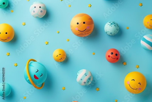 Minimalist, cute planet shapes with smiling faces, scattered on a light blue background photo