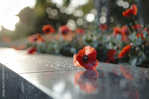 A poignant still shot of a memorial plaque engraved with the words 'Lest We Forget,' serving as a powerful reminder of the bravery and sacrifice on Anzac Day. photo