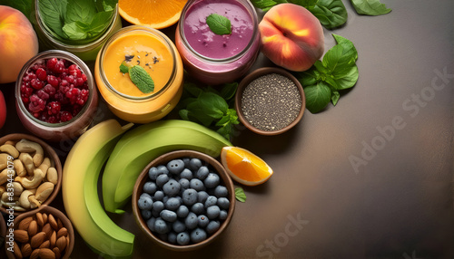A vibrant display of fresh fruits, nuts, and smoothies on a wooden table, perfect for healthy eating and nutrition concepts.