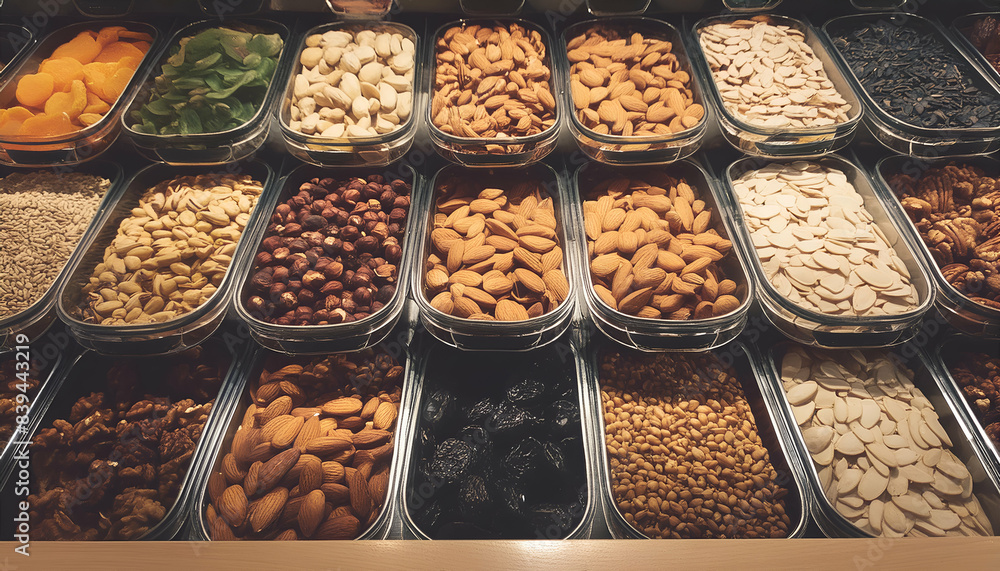 Assorted nuts and dried fruits displayed in metal trays at a market, offering a variety of healthy snack options. Assorted nuts and dried fruits displayed in metal trays at a market, offering a variety of healthy snack options.