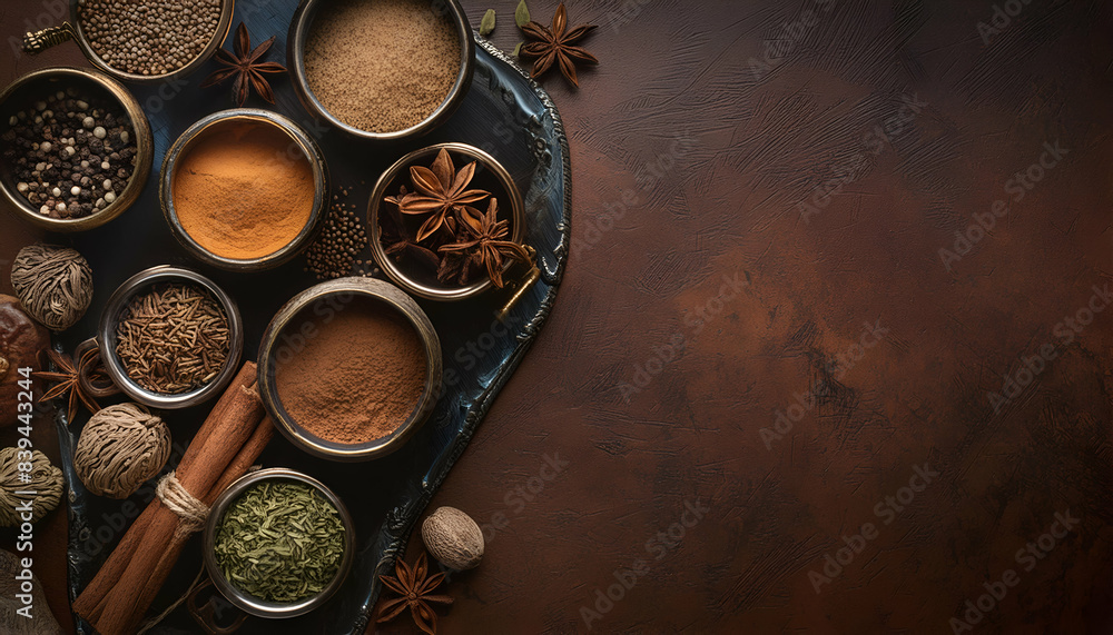 Assorted spices in bowls on a dark rustic background, featuring star anise, cinnamon, turmeric, and herbs. Perfect for cooking and culinary themes. Assorted spices in bowls on a dark rustic background, featuring star anise, cinnamon, turmeric, and herbs. Perfect for cooking and culinary themes.