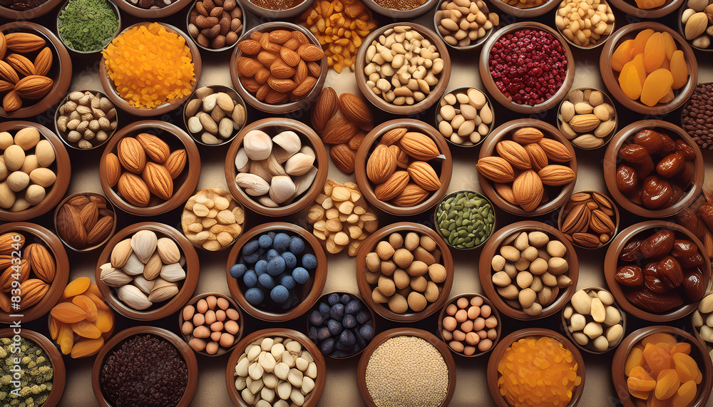 Assorted nuts, seeds, spices, and dried fruits in wooden bowls, showcasing a colorful variety of healthy foods on a rustic background. Assorted nuts, seeds, spices, and dried fruits in wooden bowls, showcasing a colorful variety of healthy foods on a rustic background.