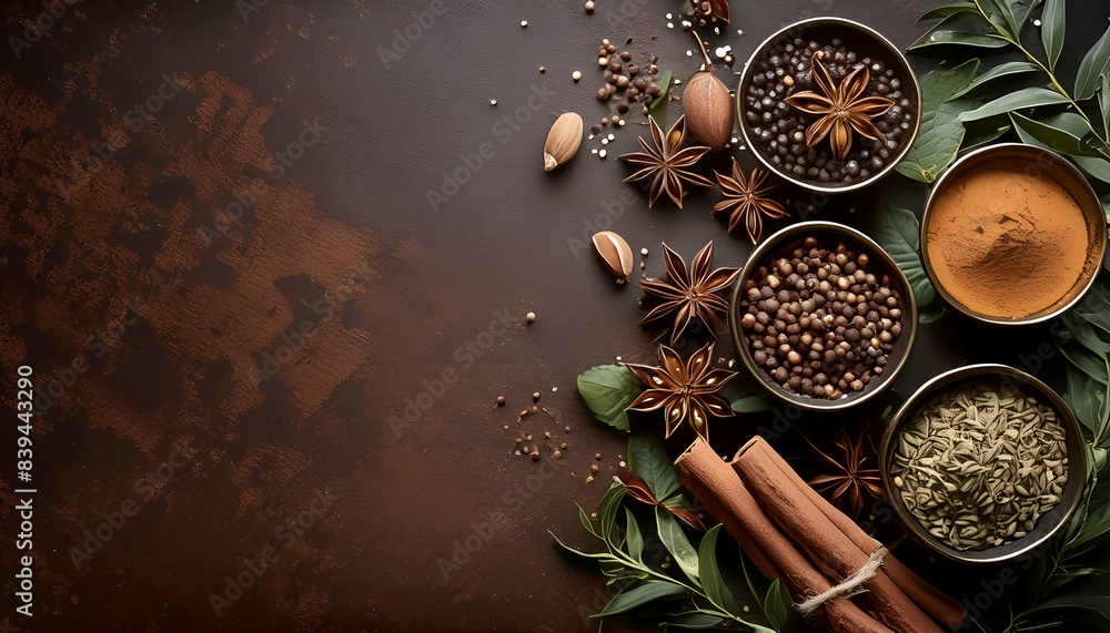 Assorted spices in bowls on a rustic table, featuring star anise, cinnamon sticks, and other herbs, perfect for culinary and food themes. Assorted spices in bowls on a rustic table, featuring star anise, cinnamon sticks, and other herbs, perfect for culinary and food themes.