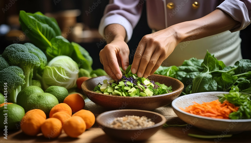 Chef preparing healthy vegetable salad with fresh ingredients. Broccoli, citrus, spinach, and other veggies are seen in a vibrant kitchen setting.