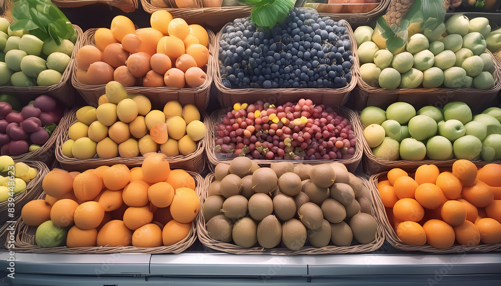 Colorful variety of fresh fruits displayed in wicker baskets at a farmers market, featuring oranges, lemons, grapes, and more. Colorful variety of fresh fruits displayed in wicker baskets at a farmers market, featuring oranges, lemons, grapes, and more.