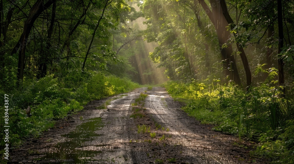 Obraz premium Sunbeams Through the Forest Path