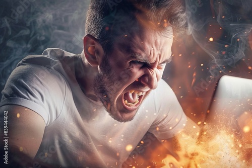 a man angry at a laptop screen, rage , frustrated , stress, mad , furious