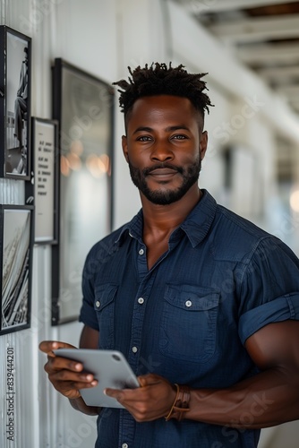 man blue shirt holding tablet computer black name extremely scruffy amicable fair skinned