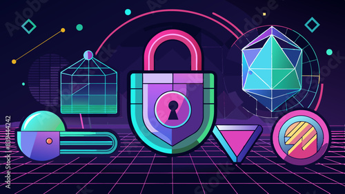 Lock, Stock, and Barrel Securing Digital Assets with Neon and Grid Aesthetics