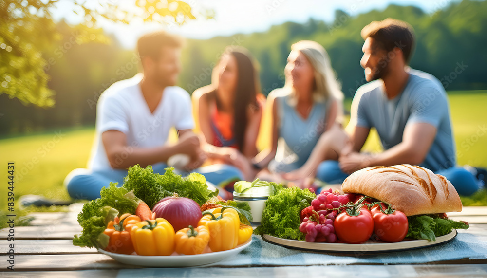 Friends enjoying a sunny picnic in the park, with fresh fruits and vegetables on the table, creating a vibrant and joyful outdoor experience. Friends enjoying a sunny picnic in the park, with fresh fruits and vegetables on the table, creating a vibrant and joyful outdoor experience.