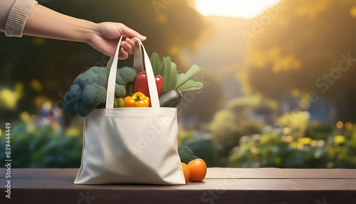 Hand holding a reusable shopping bag filled with fresh vegetables and fruits, on a wooden table with a beautiful garden background. photo