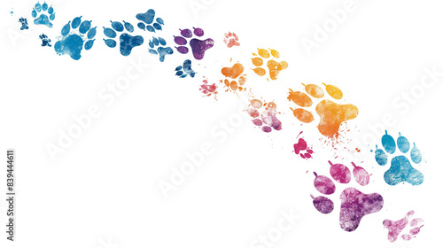 colorful cat paw prints isolated on white background. footprints, paw print path Dog paws. Kitten. Paw prints of bright colors of animals, silhouettes