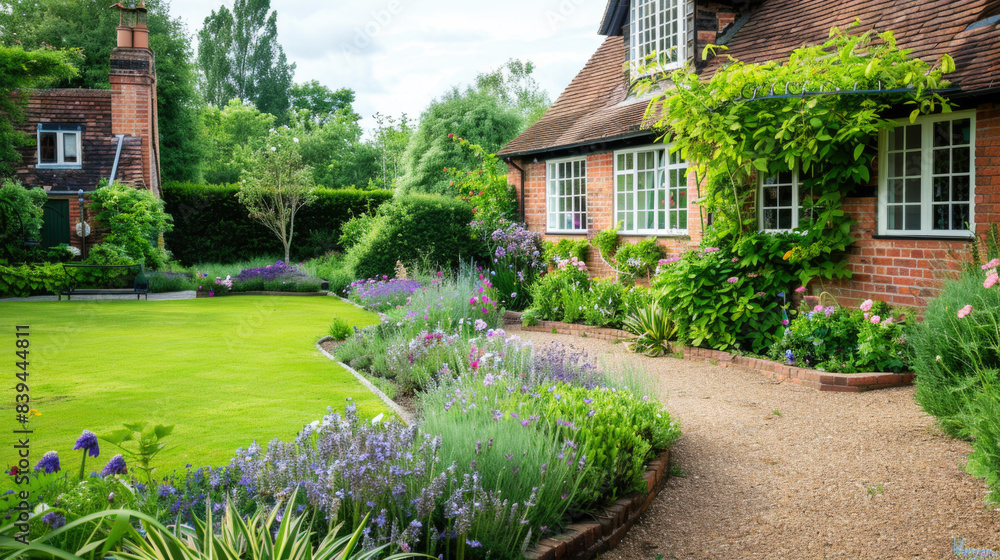 Naklejka premium Beautiful backyard English cottage garden with green lawn and flower beds