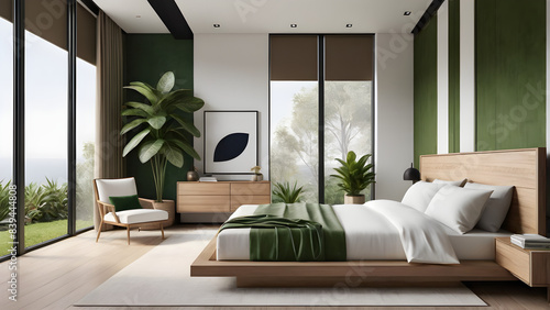 Modern style bedroom  double bed  clean and tidy sheets and pillows  beautiful city scenery outside the floor window  high-end apartments and hotels  minimalist style