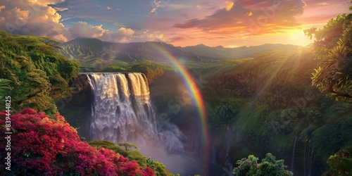 Rainbow and waterfall scene in a peaceful view