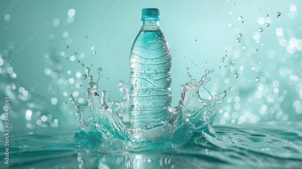 A refreshing image capturing a water bottle with a splash of water droplets on a teal background, conveying purity and hydration A refreshing image capturing a water bottle with a splash of water droplets on a teal background, conveying purity and hydration